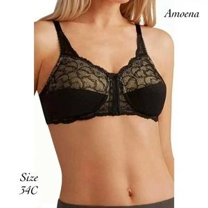Amoena Ellen Black Nude Lace Front Close Post Surgery Bra NIB Size 34C